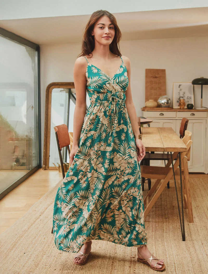 Robe longue imprimé feuillage - Bleu canard