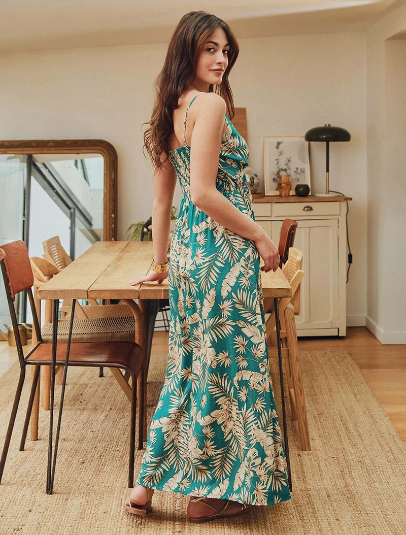Robe longue imprimé feuillage - Bleu canard