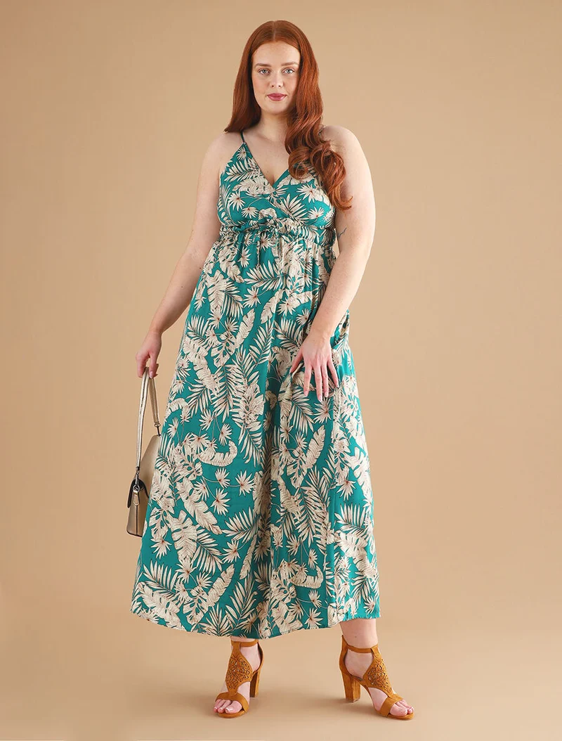 Robe longue imprimé feuillage - Bleu canard