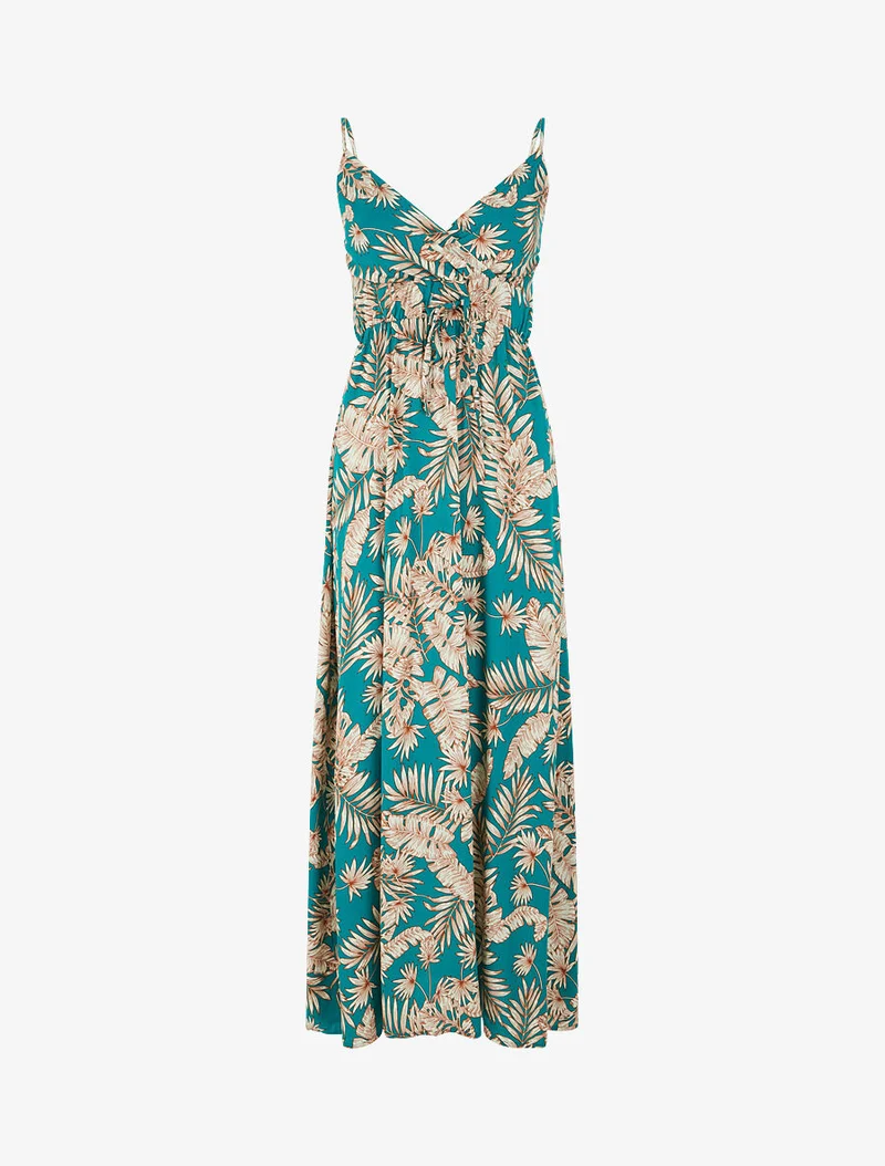 Robe longue imprimé feuillage - Bleu canard