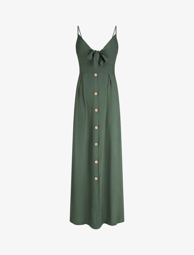 Robe longue unie à boutons décoratifs - Vert