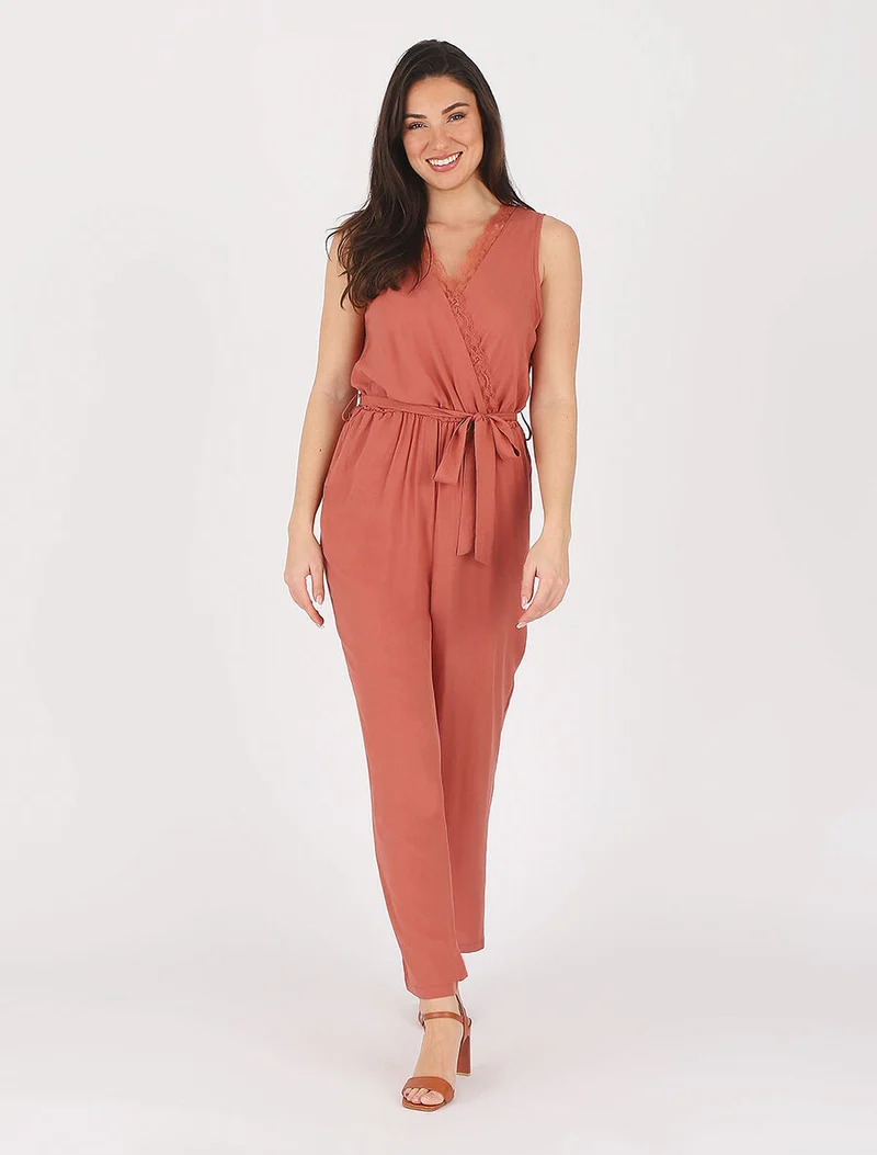 Combinaison ample sans manches col cache-coeur - Vieux rose