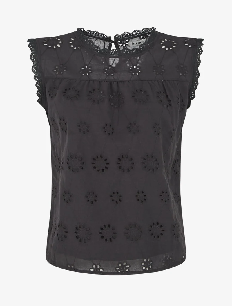 Top droit en broderie anglaise - Noir