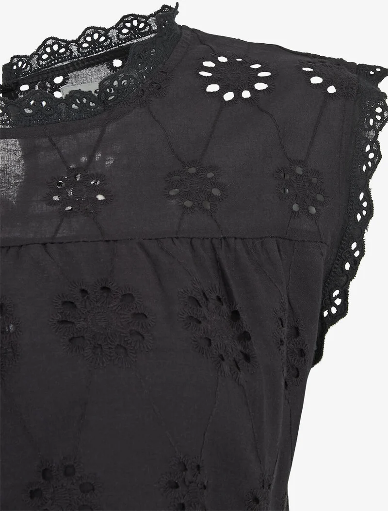 Top droit en broderie anglaise - Noir