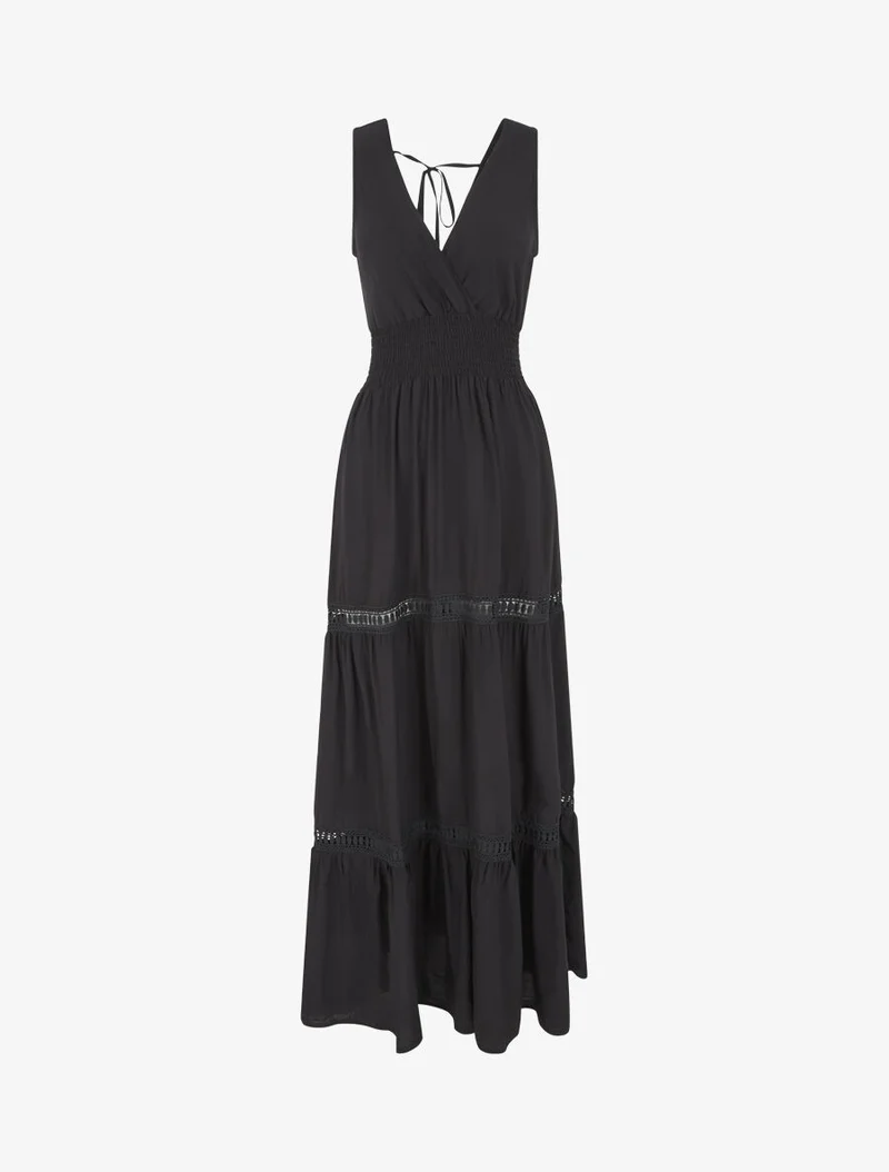 Robe longue élastiquée et liens à nouer - Noir