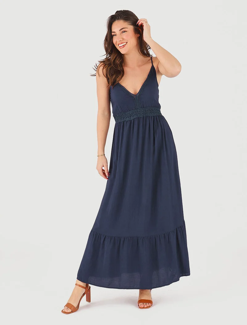 Robe longue unie à fines bretelles - Marine