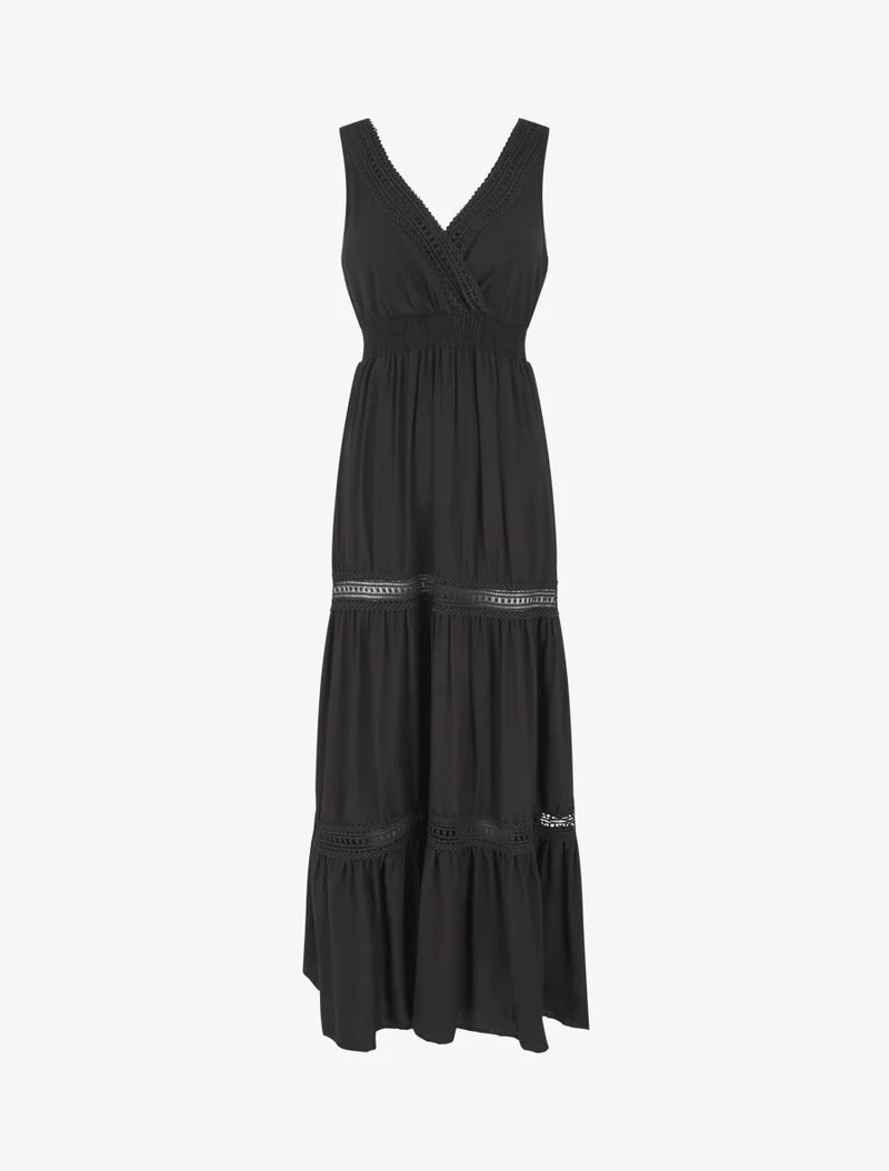 Robe longue unie ajourée - Noir