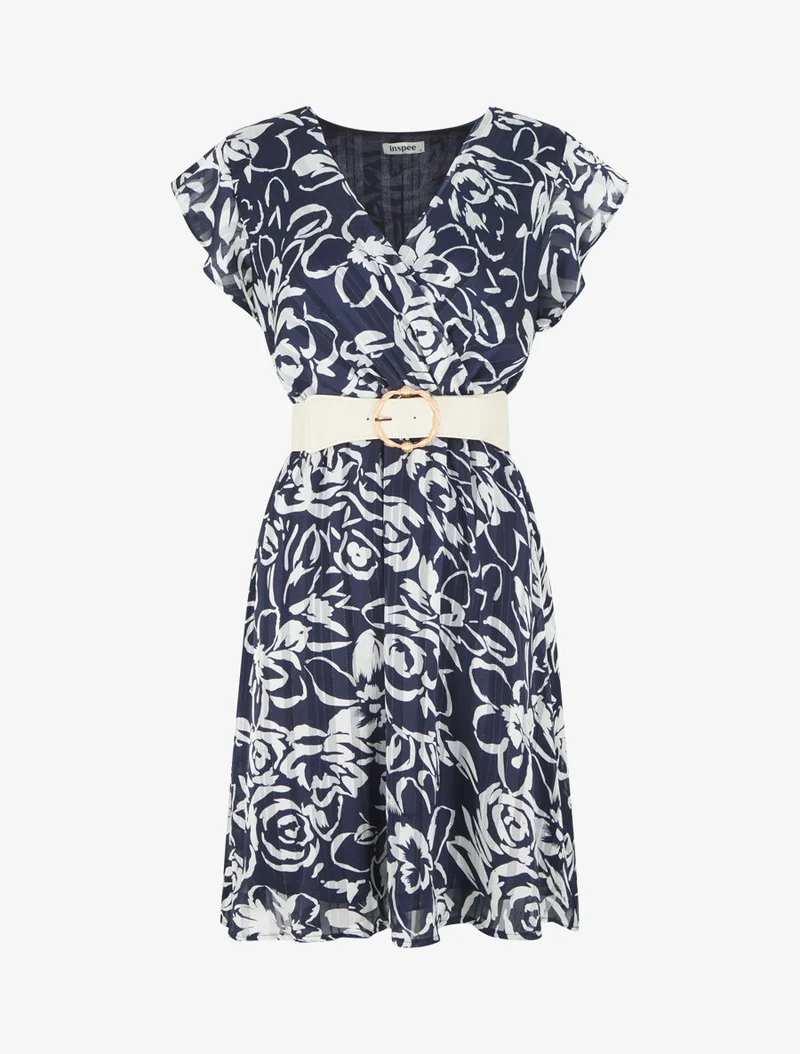 Robe mi-longue imprimé floral irisé - Marine