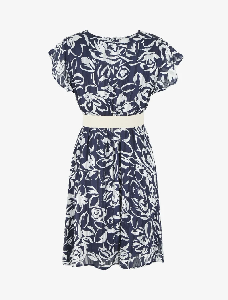 Robe mi-longue imprimé floral irisé - Marine