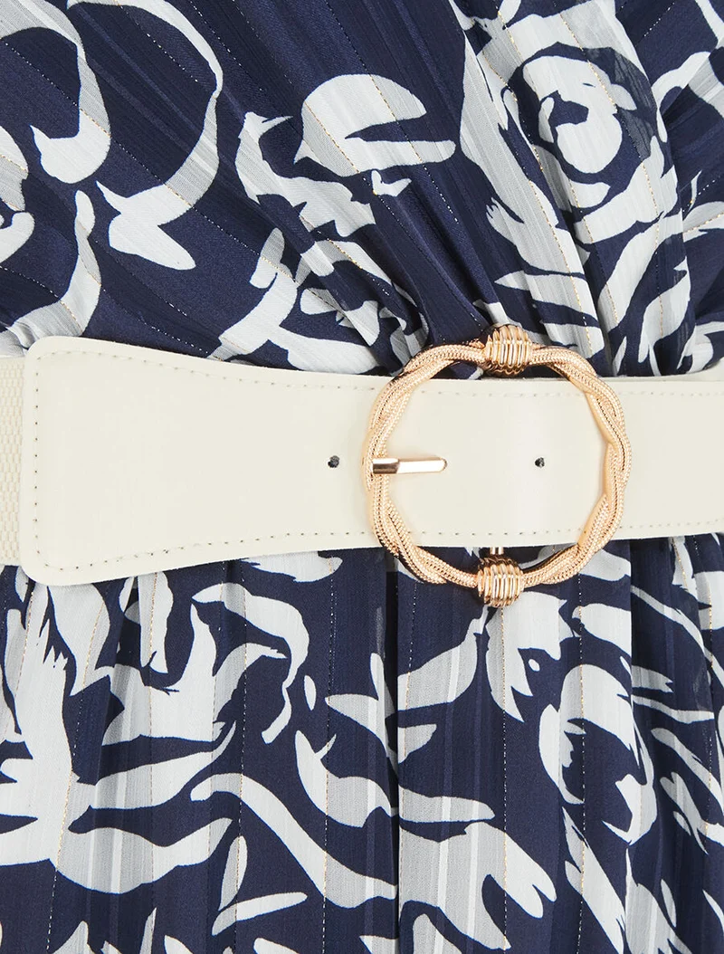 Robe mi-longue imprimé floral irisé - Marine
