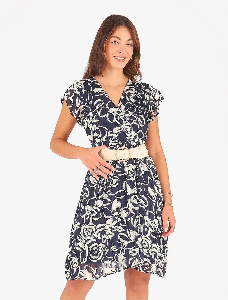 Robe mi-longue imprimé floral irisé - Marine