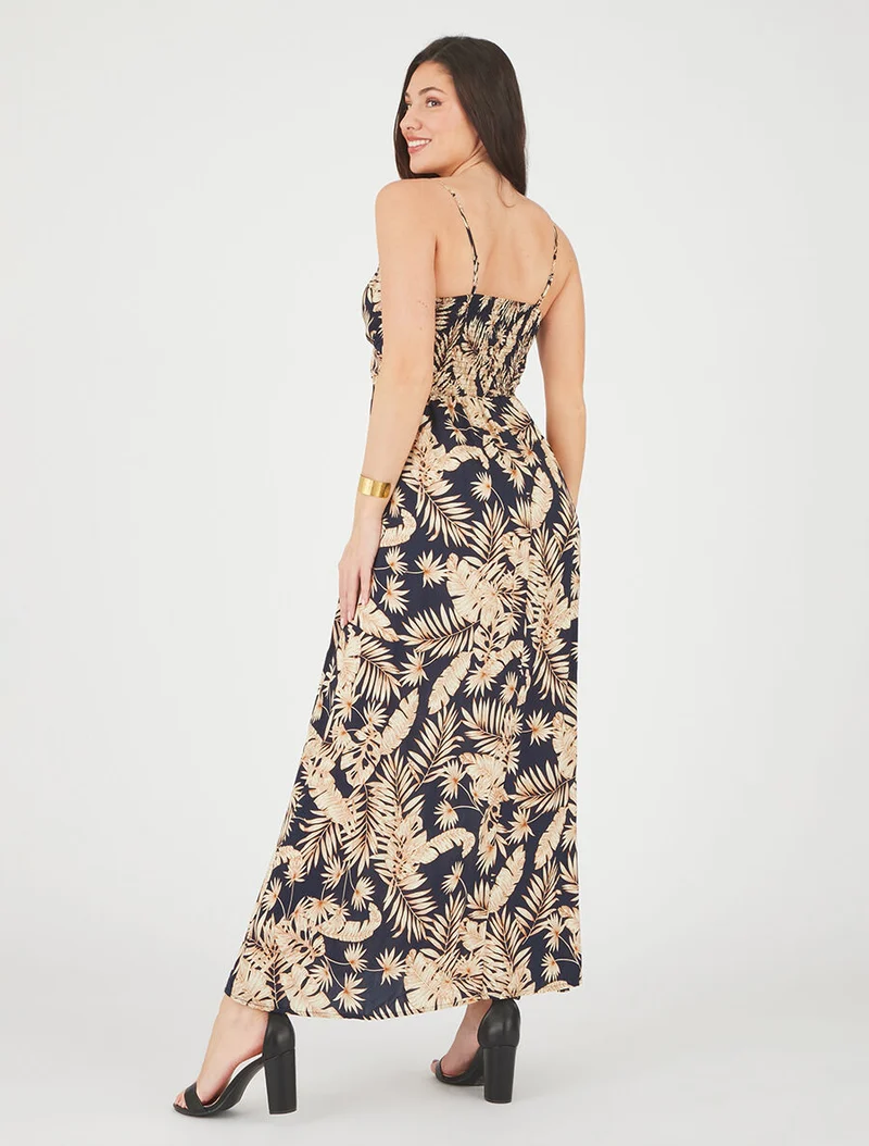 Robe longue imprimé feuillage - Marine