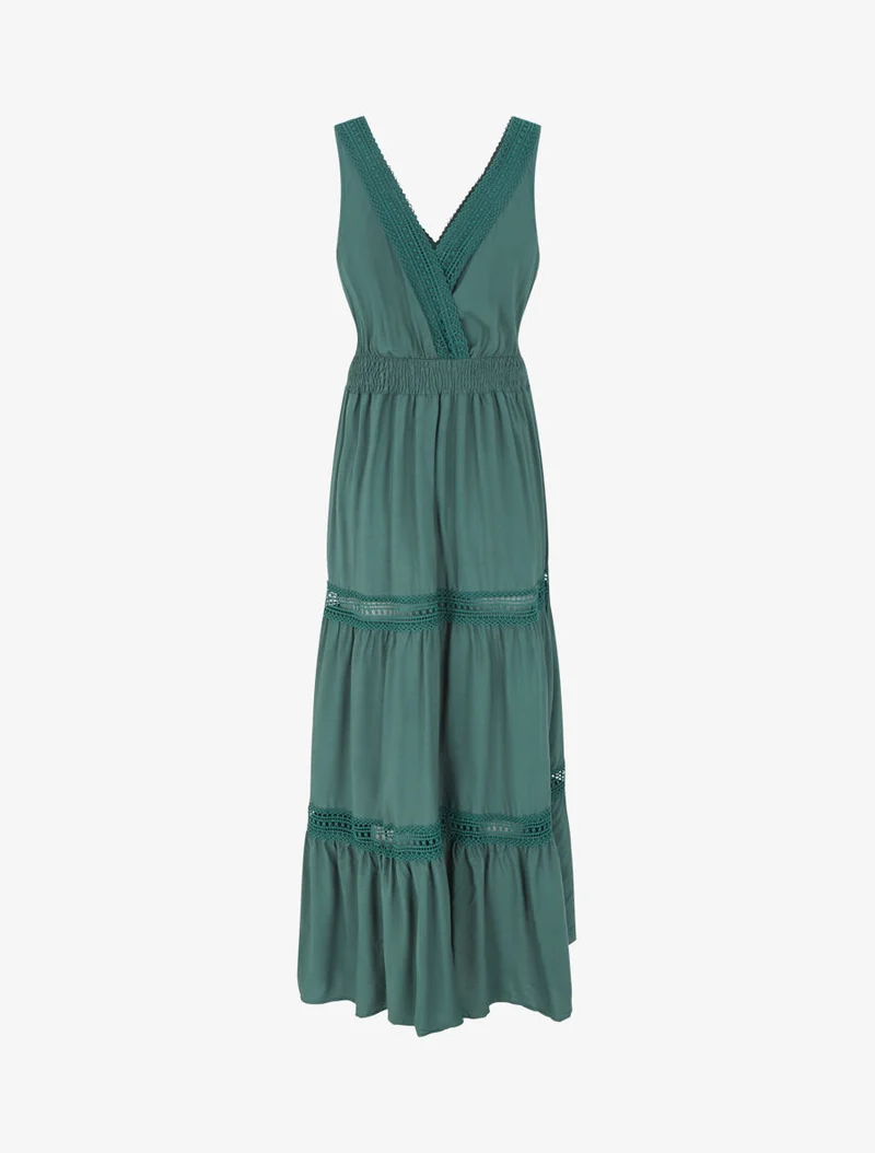 Robe longue unie ajourée - Vert sapin