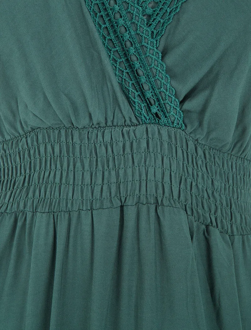 Robe longue unie ajourée - Vert sapin