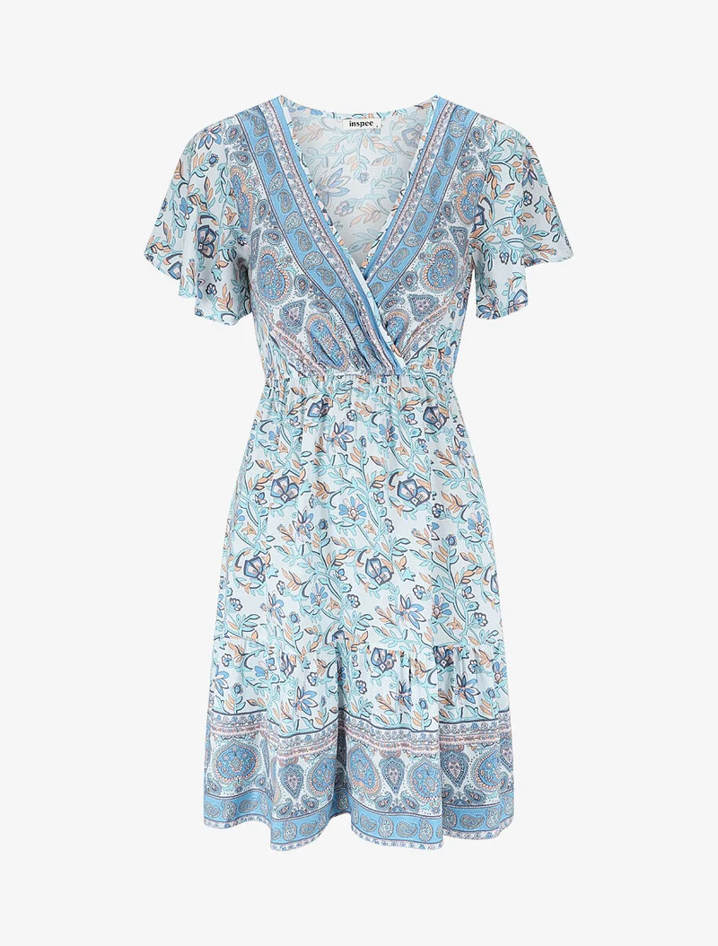 Robe imprimé foulard à manches volantées - Bleu ciel