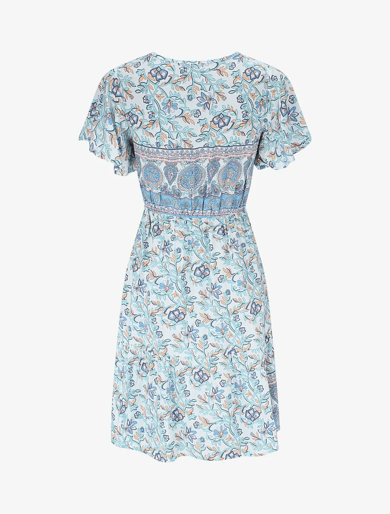 Robe imprimé foulard à manches volantées - Bleu ciel