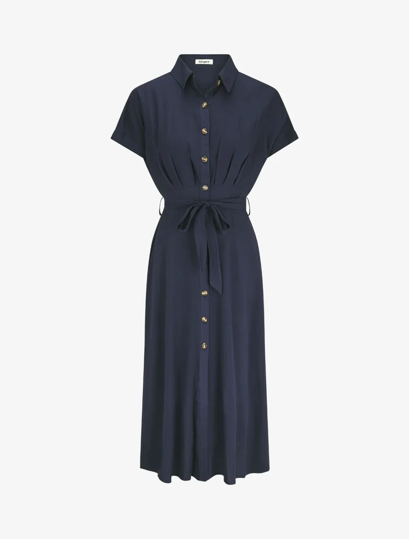 Robe chemise longue évasée et unie - Marine