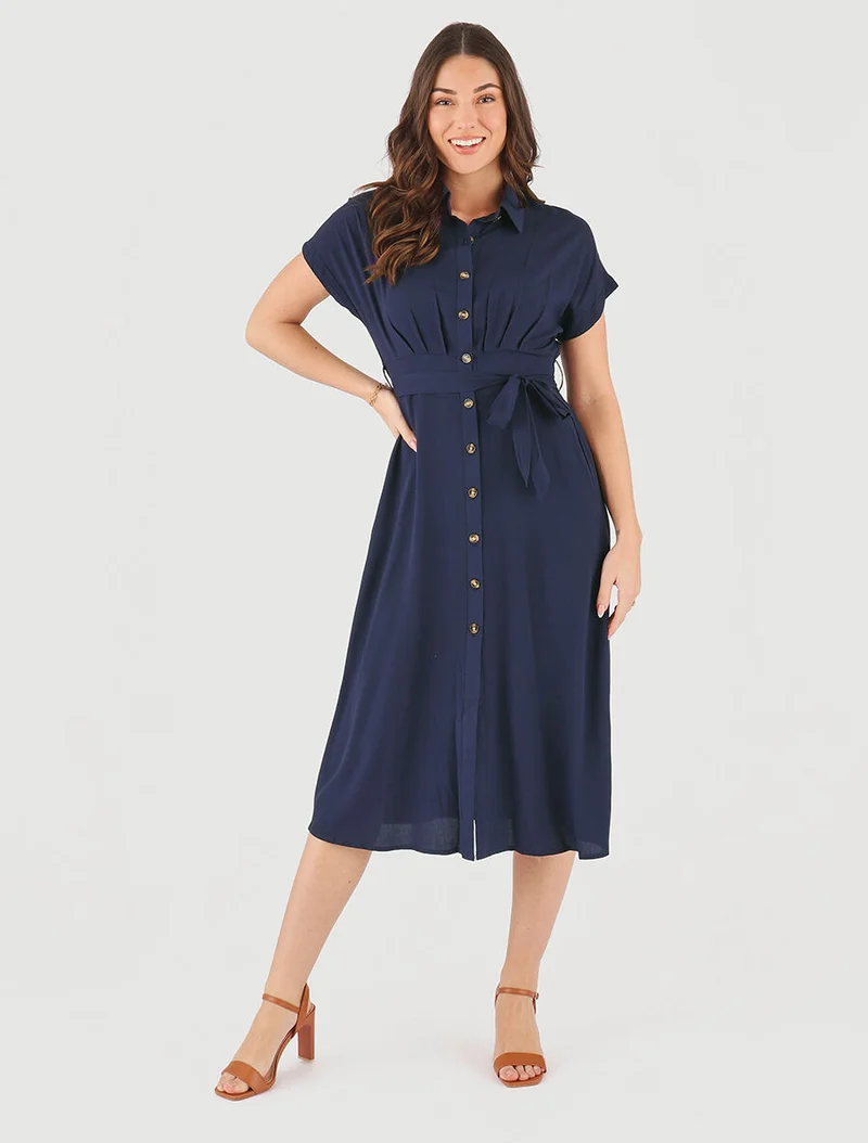 Robe chemise longue évasée et unie - Marine