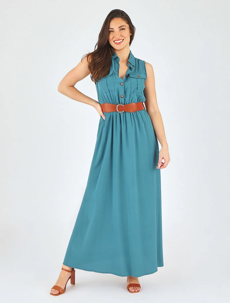 Robe longue unie sans manches - Bleu canard