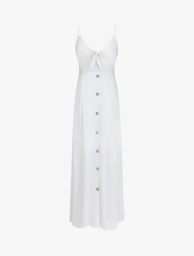 Robe longue unie à boutons décoratifs - Blanc
