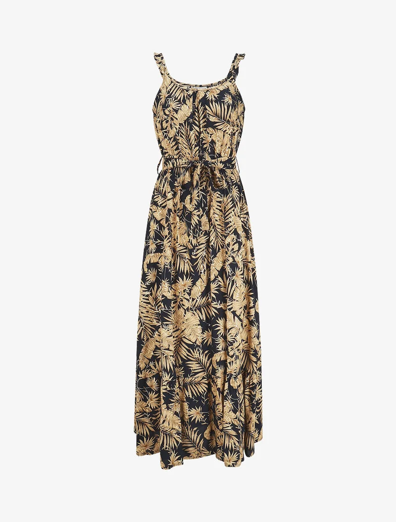 Robe longue imprimé tropical irisé à bretelles - Marine