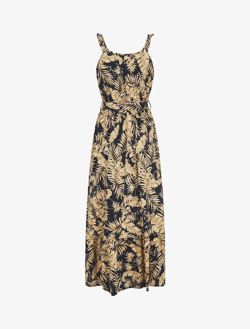 Robe longue imprimé tropical irisé à bretelles - Marine