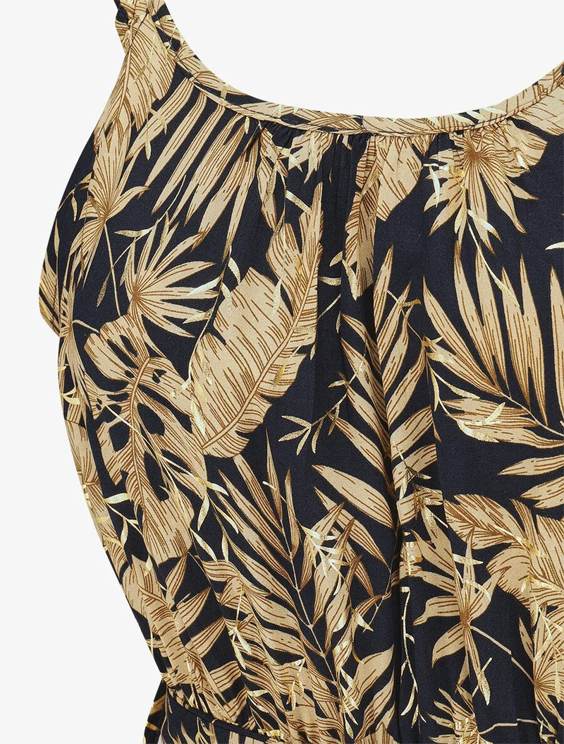 Robe longue imprimé tropical irisé à bretelles - Marine