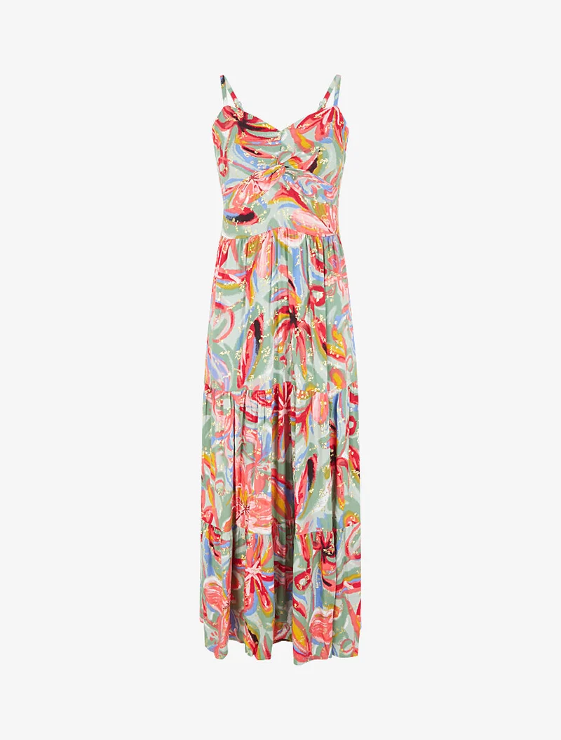 Robe longue fleurie évasée à fines bretelles - Vert/fuschia