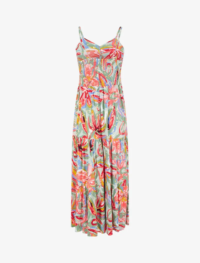 Robe longue fleurie évasée à fines bretelles - Vert/fuschia