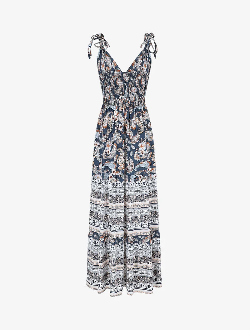 Robe longue imprimé foulard et mosaïque - Marine