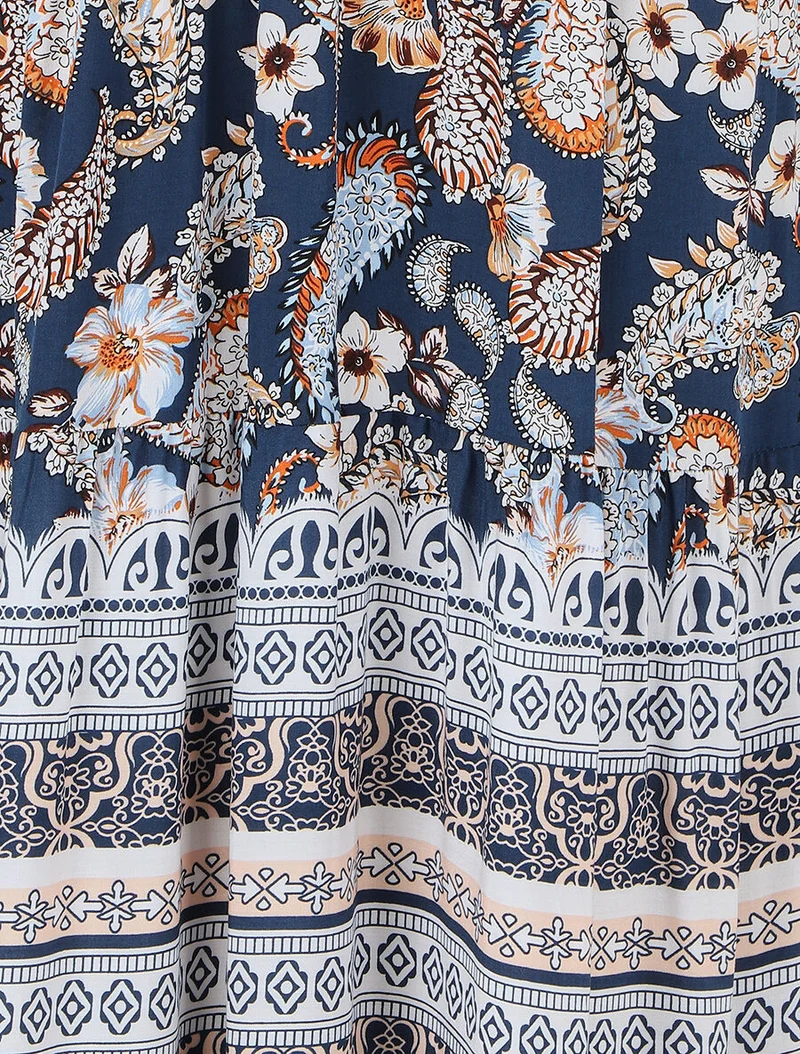 Robe longue imprimé foulard et mosaïque - Marine