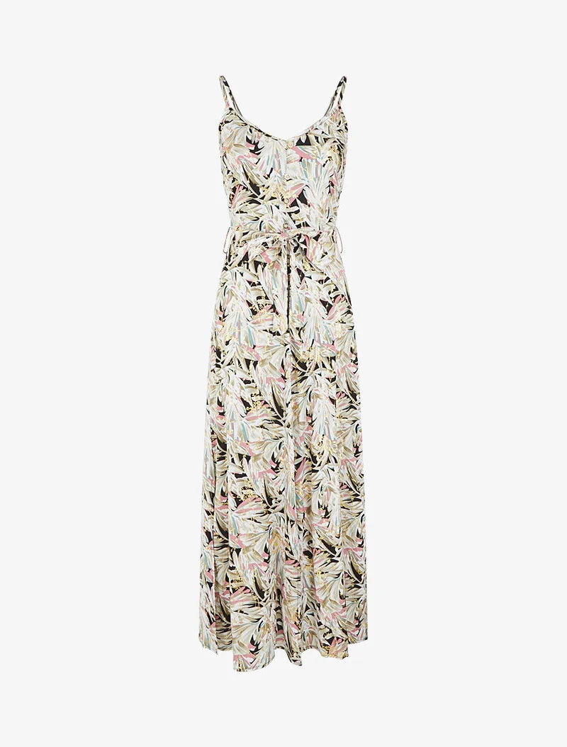 Robe longue évasée à fines bretelles imprimé tropical - Noir/kaki