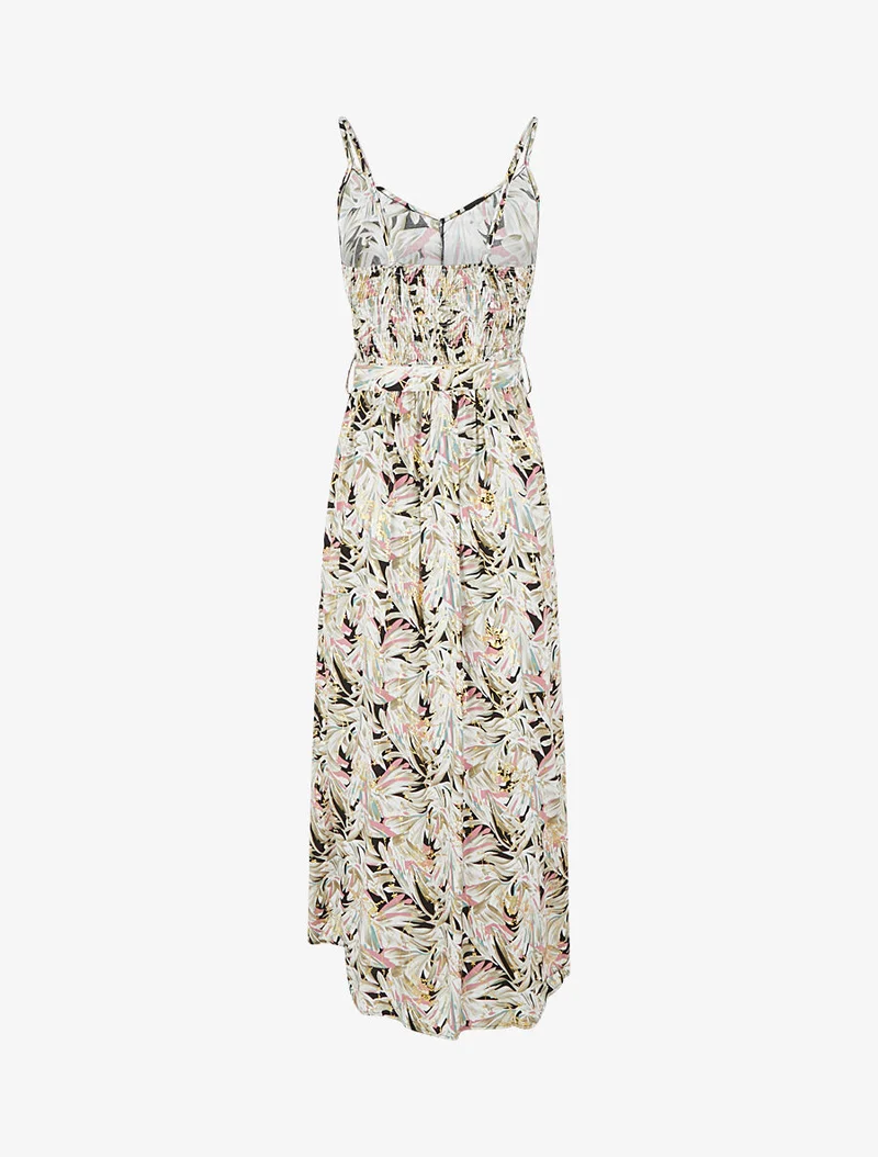 Robe longue évasée à fines bretelles imprimé tropical - Noir/kaki