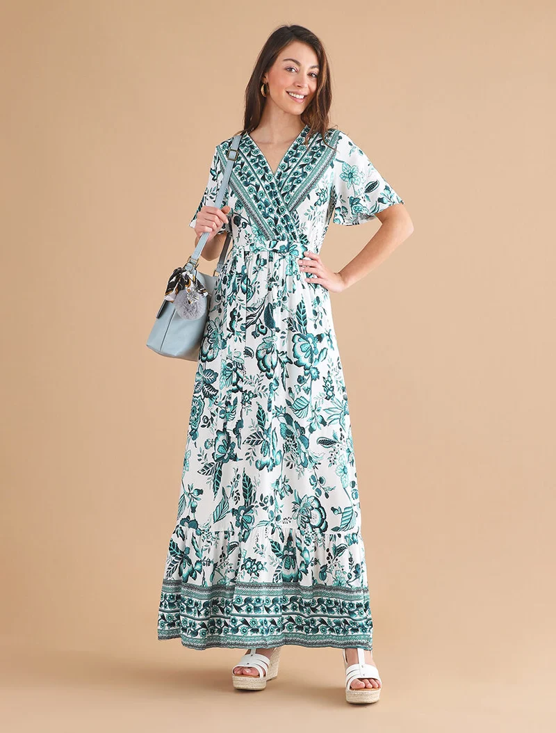 Robe imprimé fleuri à taille élastiquée - Vert
