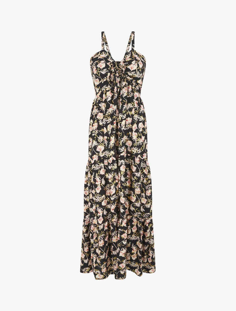 Robe longue évasée imprimé fleur irisé à bretelles - Noir