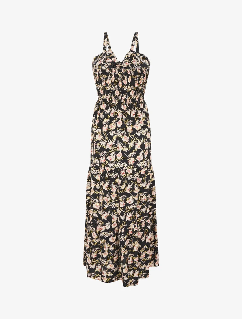 Robe longue évasée imprimé fleur irisé à bretelles - Noir