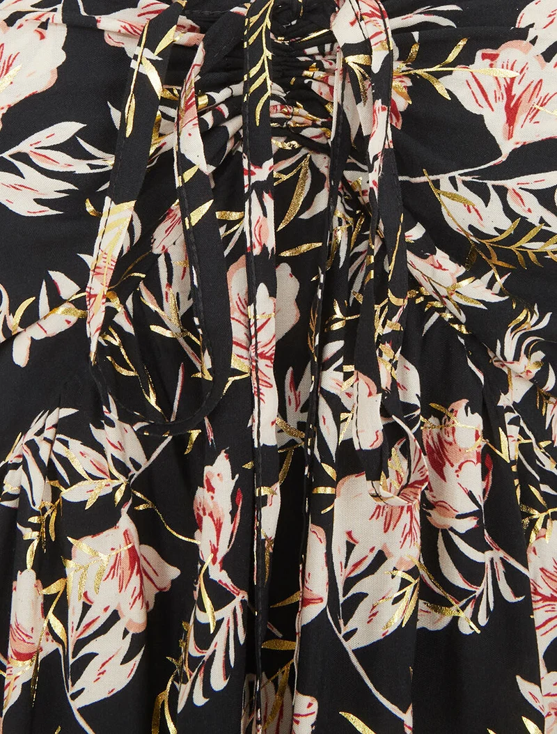 Robe longue évasée imprimé fleur irisé à bretelles - Noir
