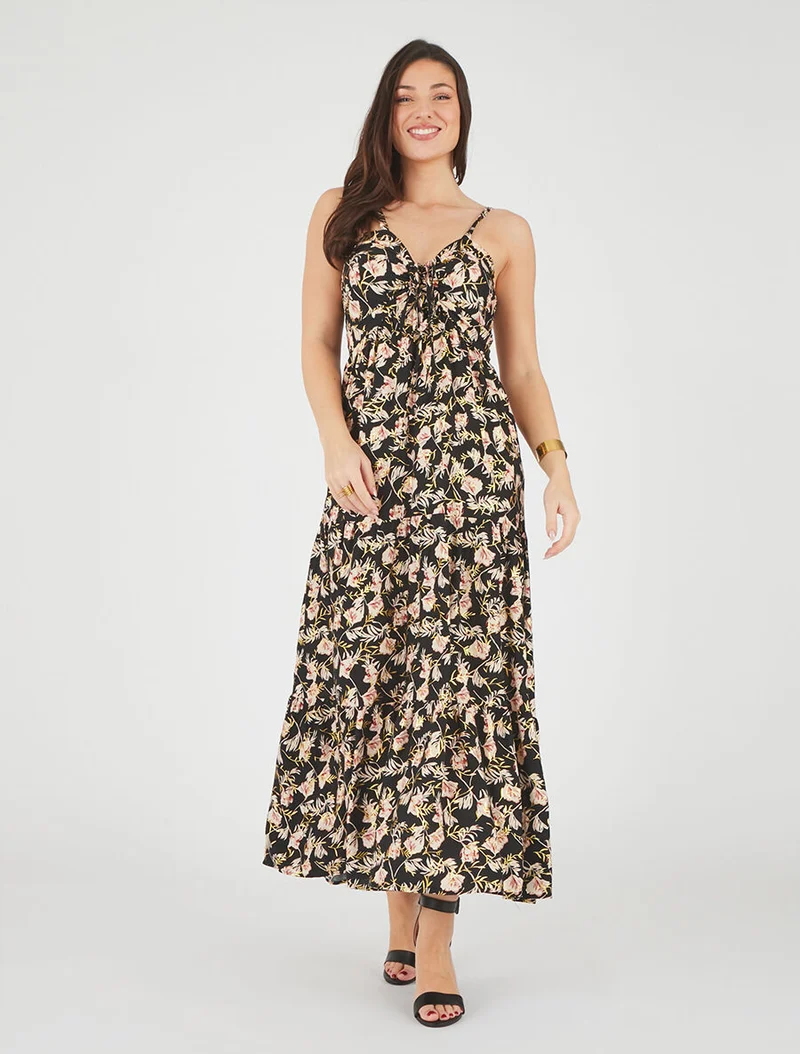 Robe longue évasée imprimé fleur irisé à bretelles - Noir