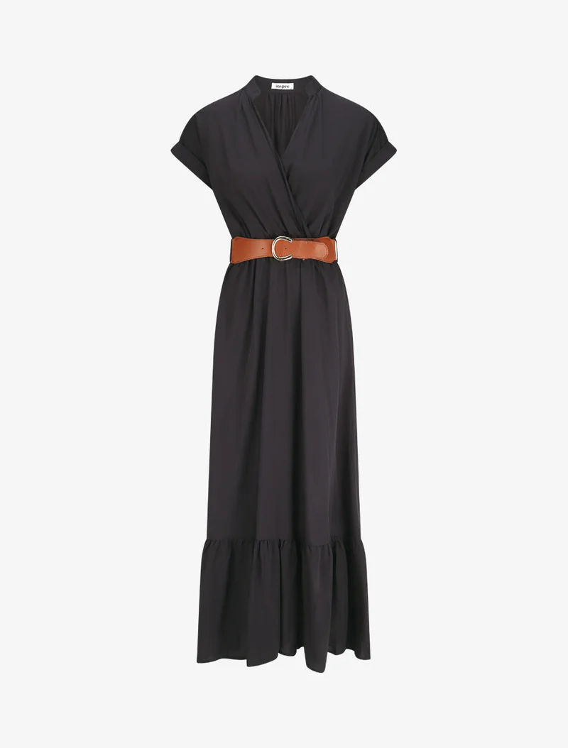 Robe longue unie manches courtes - Marine