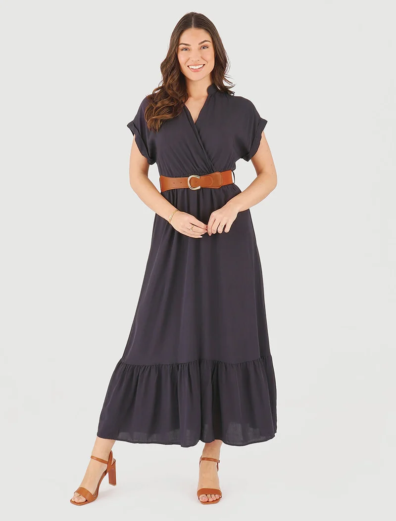 Robe longue unie manches courtes - Marine