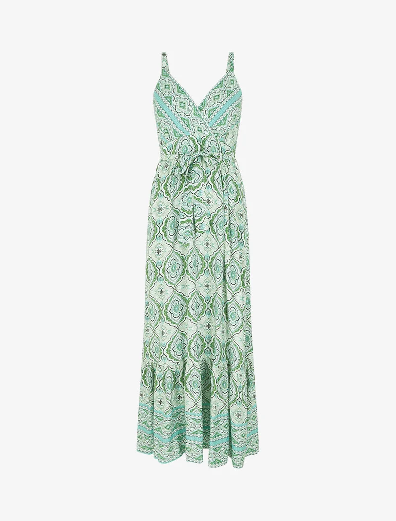 Robe longue évasée imprimé arabesque fleuri à bretelles - Vert