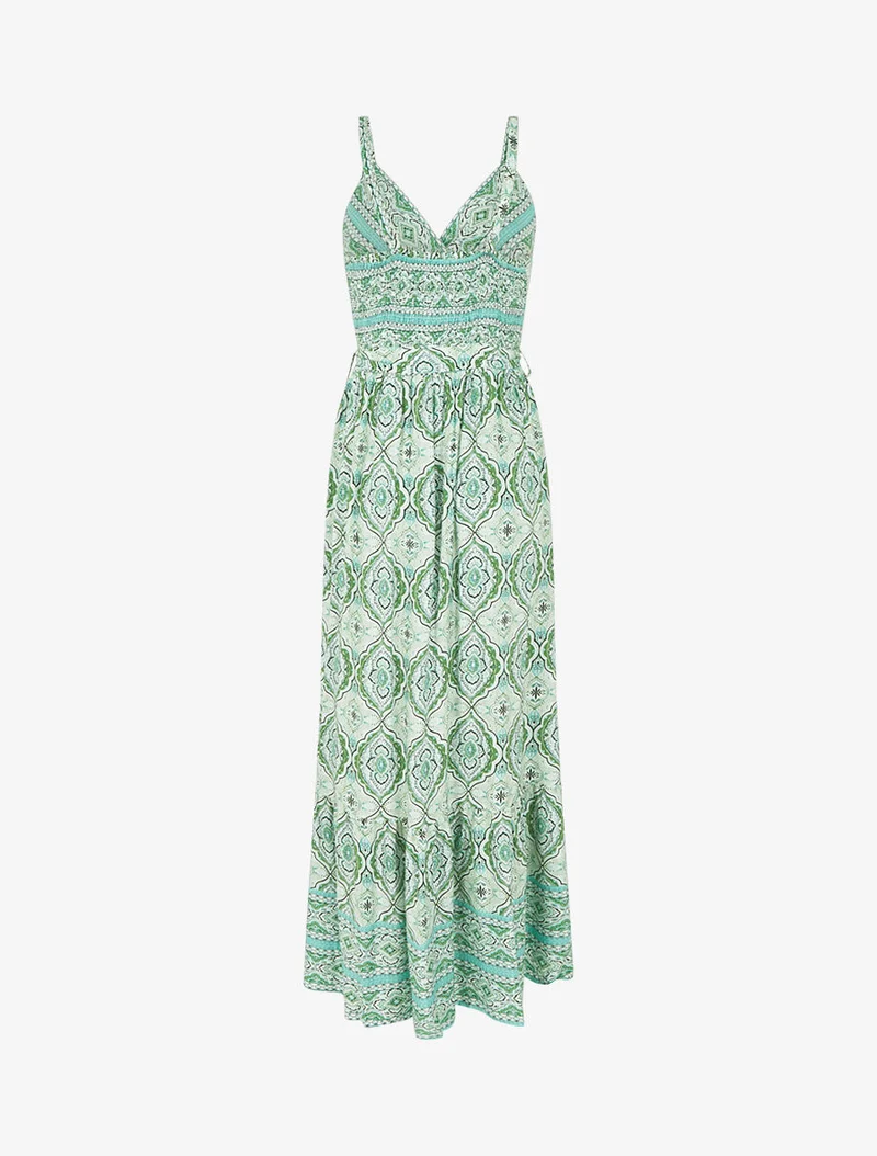 Robe longue évasée imprimé arabesque fleuri à bretelles - Vert