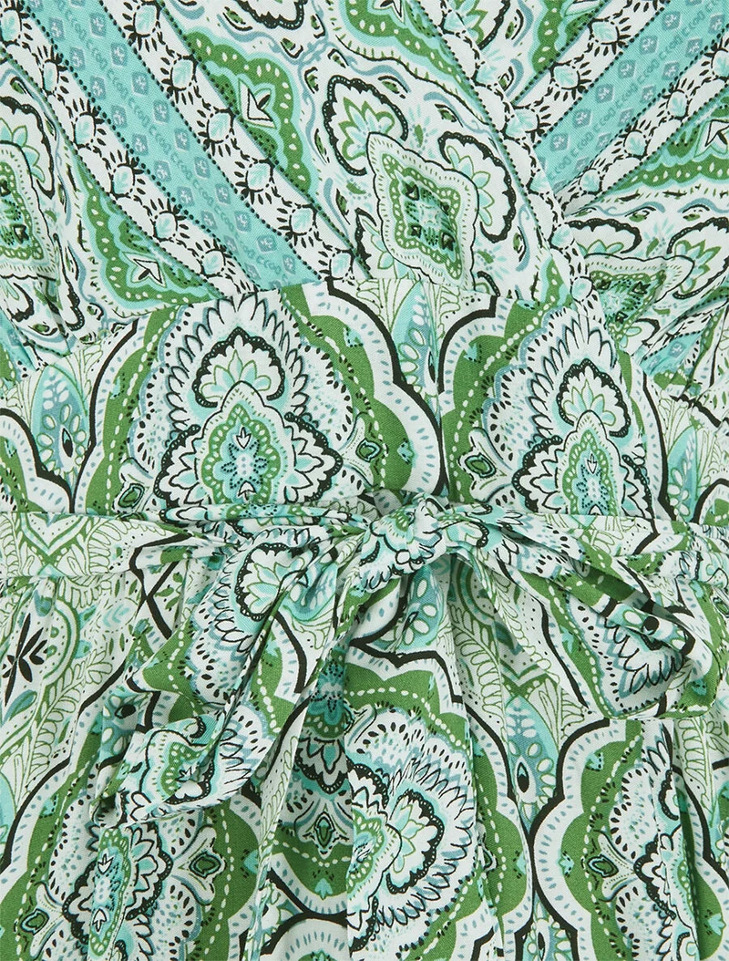Robe longue évasée imprimé arabesque fleuri à bretelles - Vert