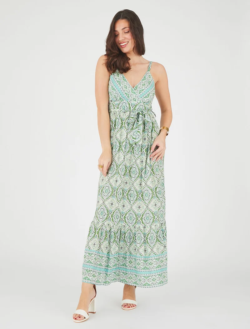 Robe longue évasée imprimé arabesque fleuri à bretelles - Vert