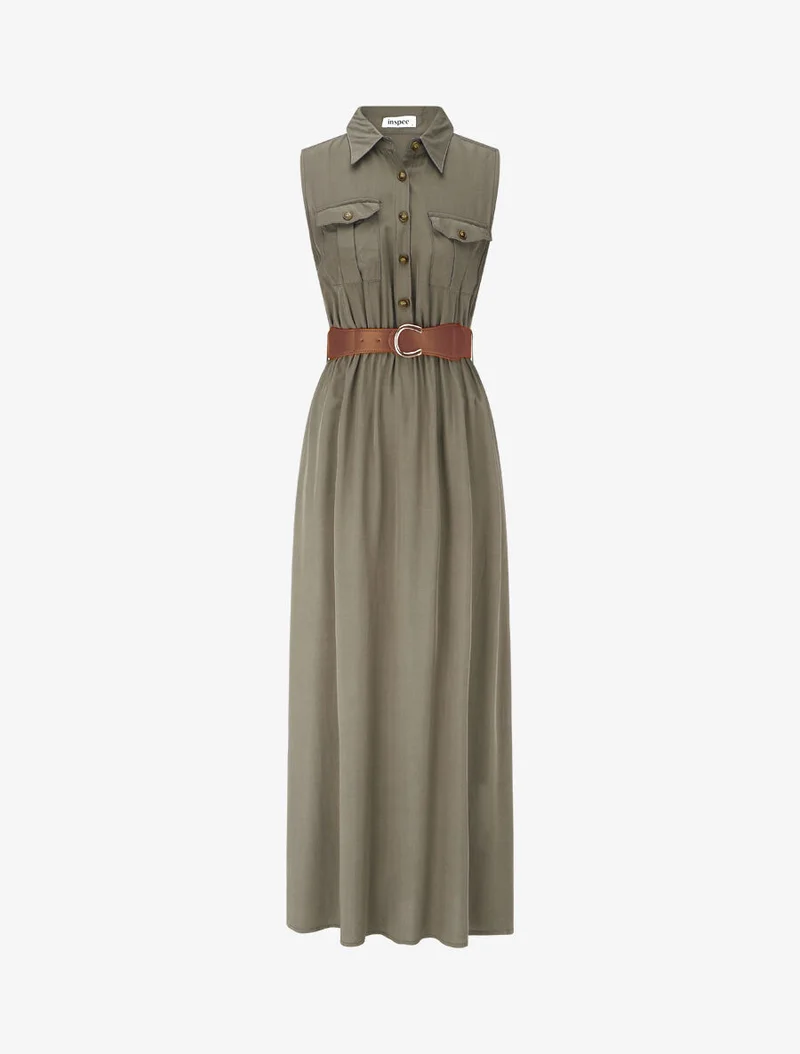 Robe longue unie sans manches - Kaki