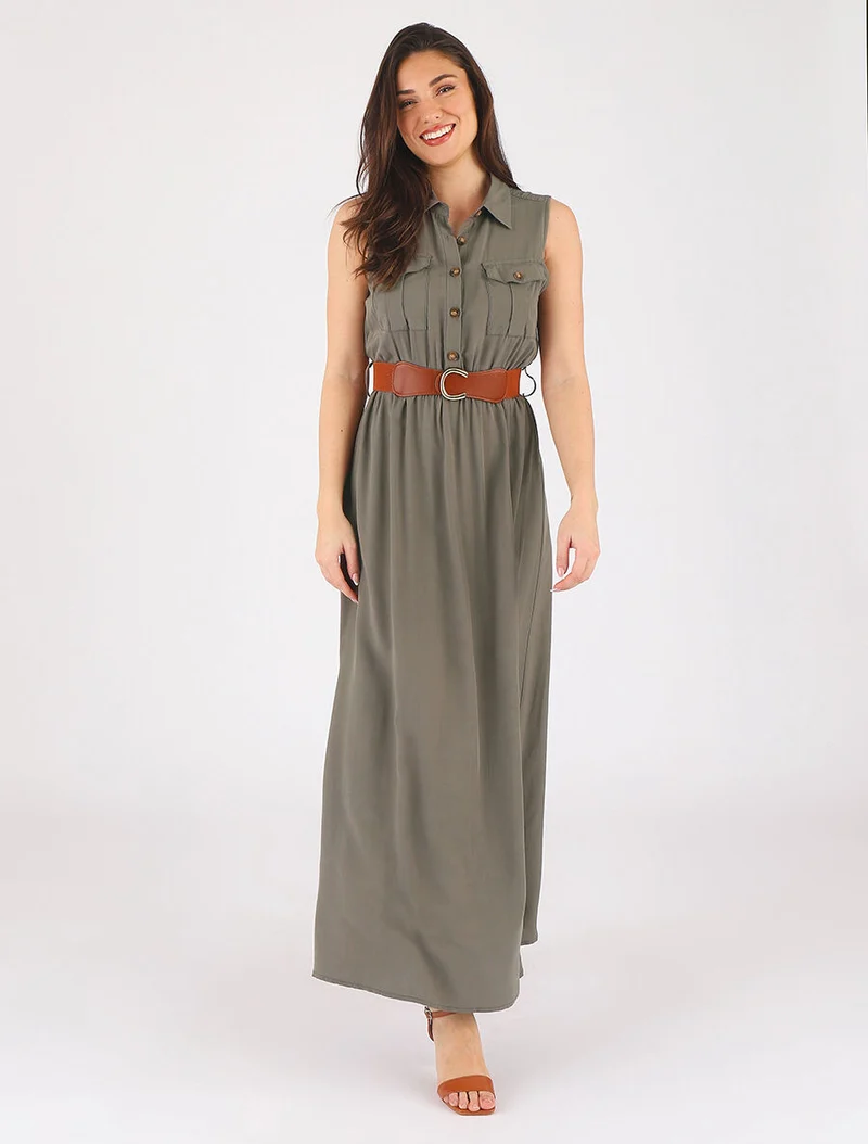 Robe longue unie sans manches - Kaki