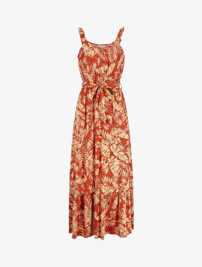 Robe longue imprimé tropical irisé à bretelles - Brique
