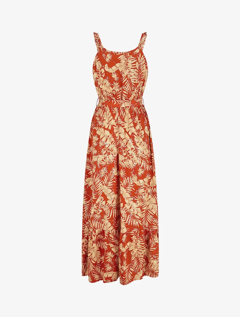 Robe longue imprimé tropical irisé à bretelles - Brique