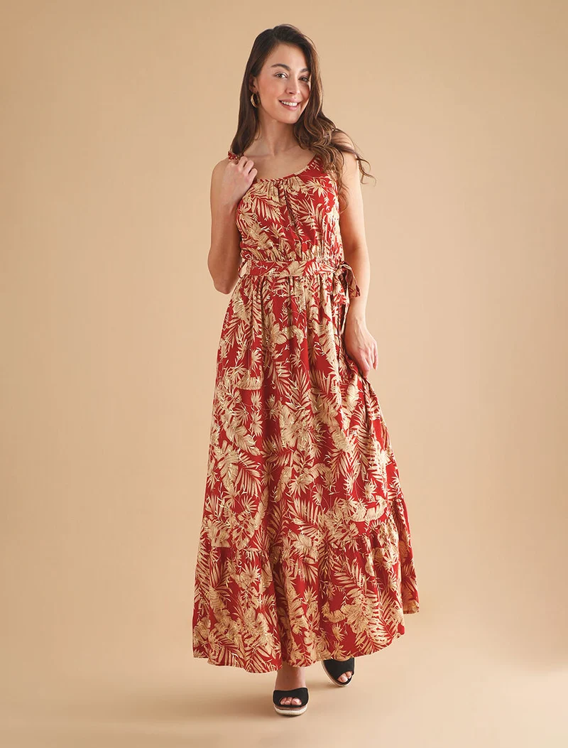 Robe longue imprimé tropical irisé à bretelles - Brique