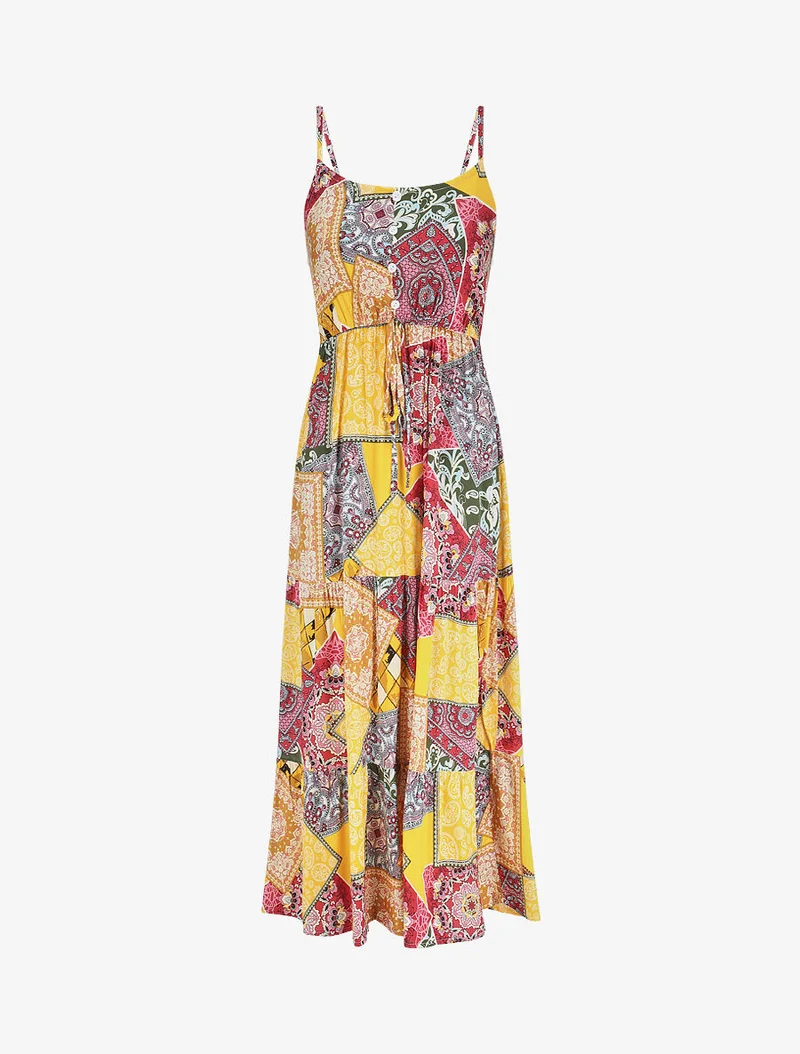 Robe longue motif patchwork à fines bretelles - Jaune